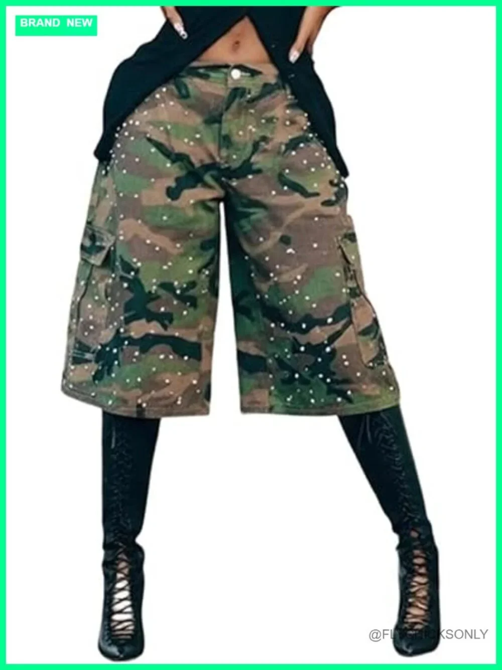 Camo Cargo Denim Shorts High Waisted Baggy Wide Leg Jorts with Pockets